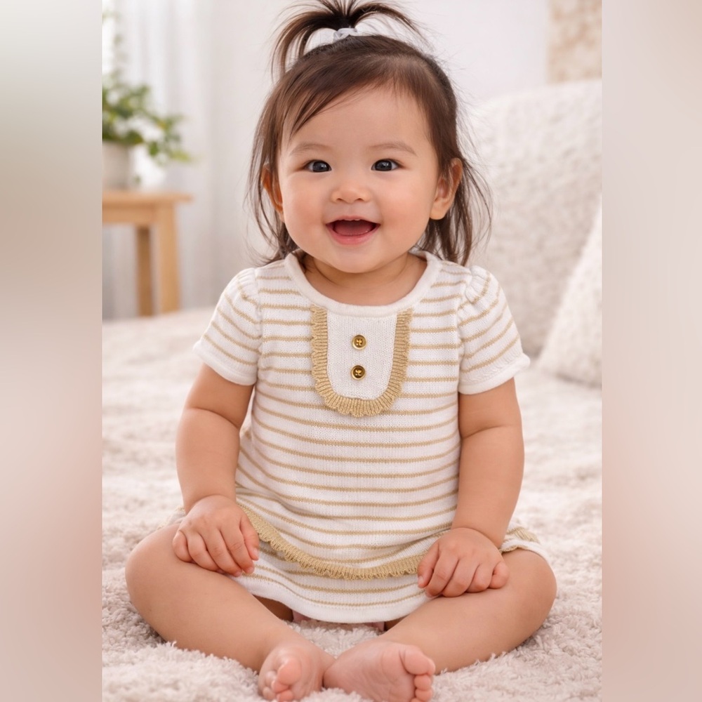 Gymboree Knitted Baby Dress Withe and Golden Stripes size 6-12 months Minimalist